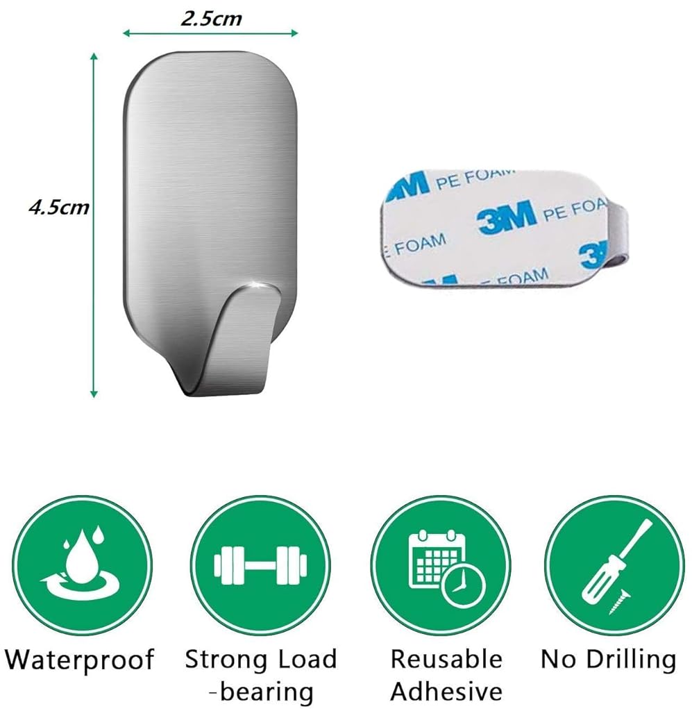 HASTHIP® 8 Pack Stainless Steel Self Adhesive Wall Hooks, Heavy Duty Waterproof Narrow Sticky Hooks for Bathroom Kitchen, No Drill, Rustproof, Space Saving, 4.5x2.5 cm, Silver Organizer Hangers HASTHIP® 8 Pack Stainless Steel Self Adhesive Wall Hooks, Heavy Duty Waterproof Narrow Sticky Hooks for Bathroom Kitchen, No Drill, Rustproof, Space Saving, 4.5x2.5 cm, Silver Organizer Hangers